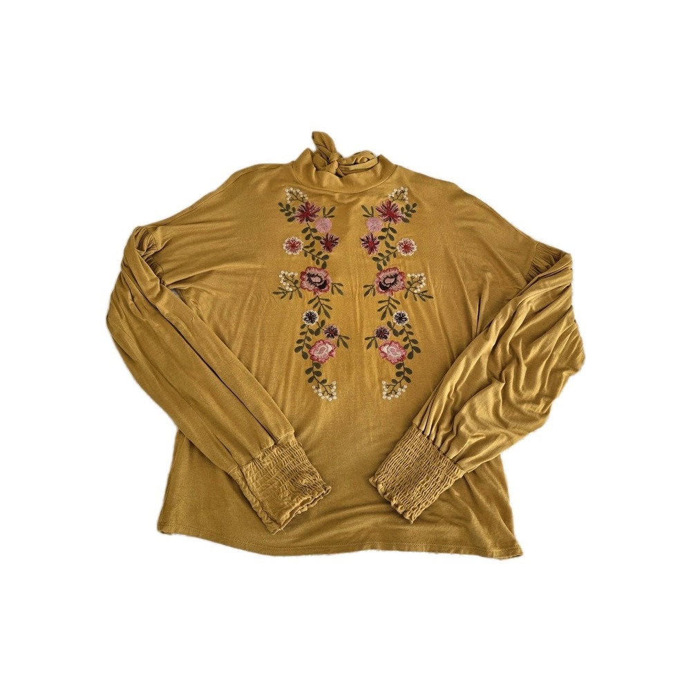 IVORY Women's Small Peasant Blouse Embroidered Floral‎ Mustard Yellow Tie Neck